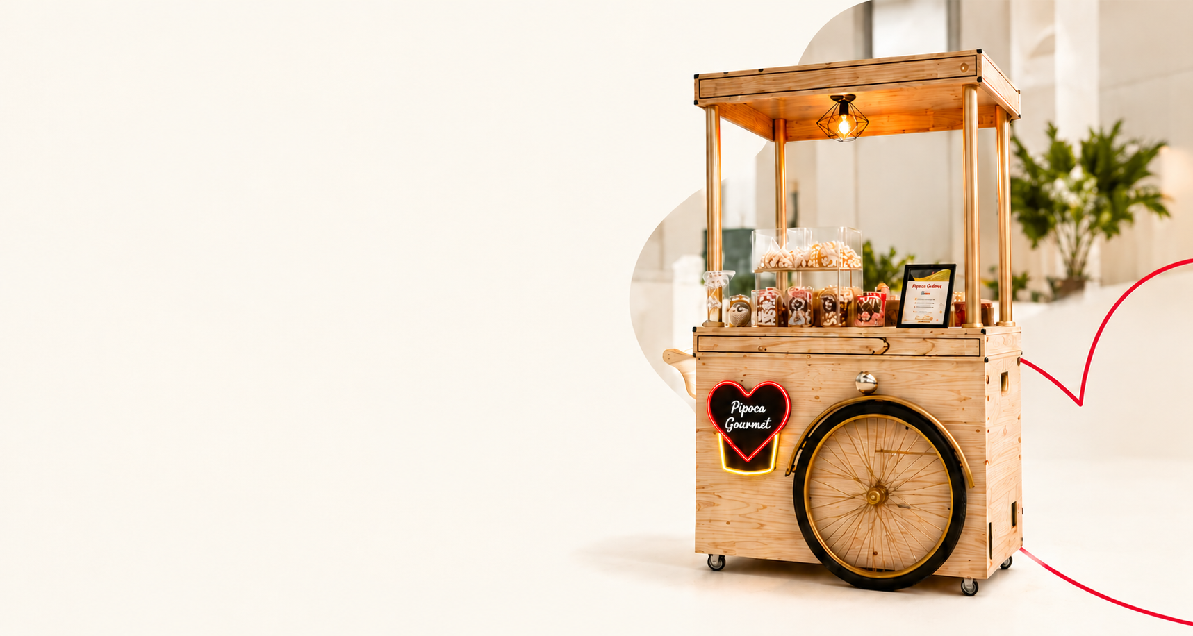 Carrinho de pipoca gourmet de madeira natural da Amor Pipoca com coração em neon
